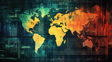 Obraz premium Global Network: A World Map Overlayed on a Digital Interface