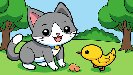 Gato Brincando com Patinho no Parque