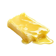 Melting butter on a clean surface, showcasing its texture and glossy appearance, A piece of melting butter isolated