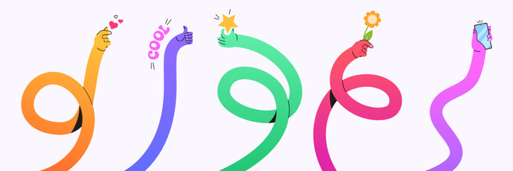 Fototapeta na wymiar Colorful twisting gesture shapes - flexible human waving hands reach upwards. Vivid bendable arm icons showing thumbs up and heart sign, holding star, flower and smartphone. Gradient rubber body part.