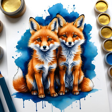 Two red babay foxlings with details of gold inks and blue paint