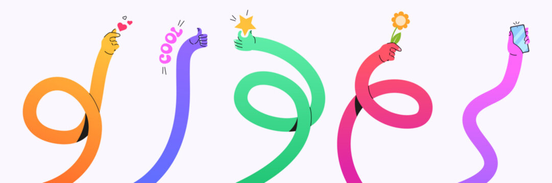 Colorful twisting gesture shapes - flexible human waving hands reach upwards. Vivid bendable arm icons showing thumbs up and heart sign, holding star, flower and smartphone. Gradient rubber body part.
