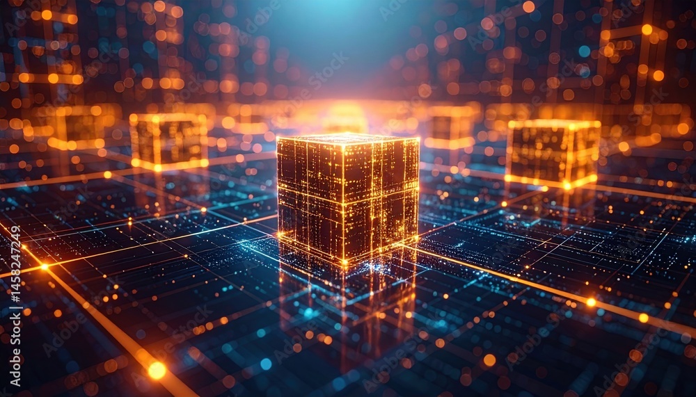 Poster dynamic digital cubes in a futuristic grid virtual environment 3d visualization technology concept