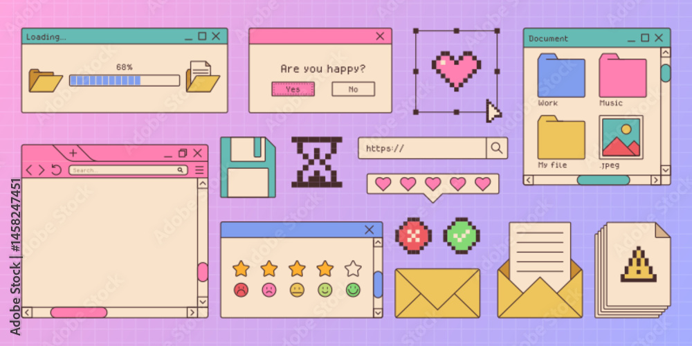 Poster retro style window browser assets set. cute interface elements from old school websites - loading ba