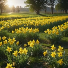 Sunlit daffodils burst forth in vibrant yellow against a lush green field , garden, bright