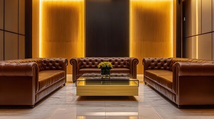 A refined office reception lounge with premium leather sofas