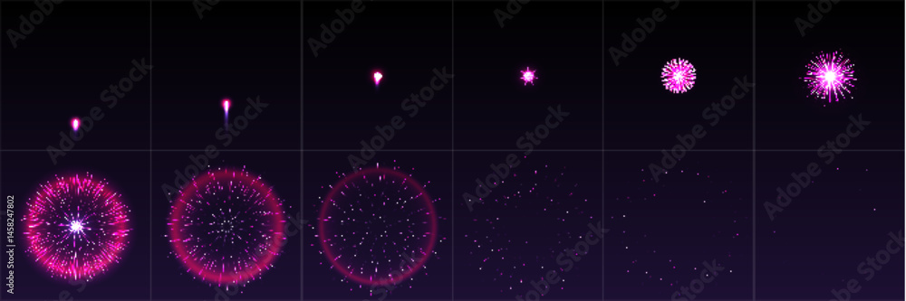 Poster pink firework effect animation frames set - exploding firecracker stages from small flares to full b
