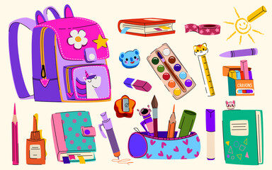 School stationery stickers set - bright backpack with patches and pencil case, crayons and notebooks, paint palette, brushes and rulers, notepads and bookmarks. Cartoon fun educational supplies.