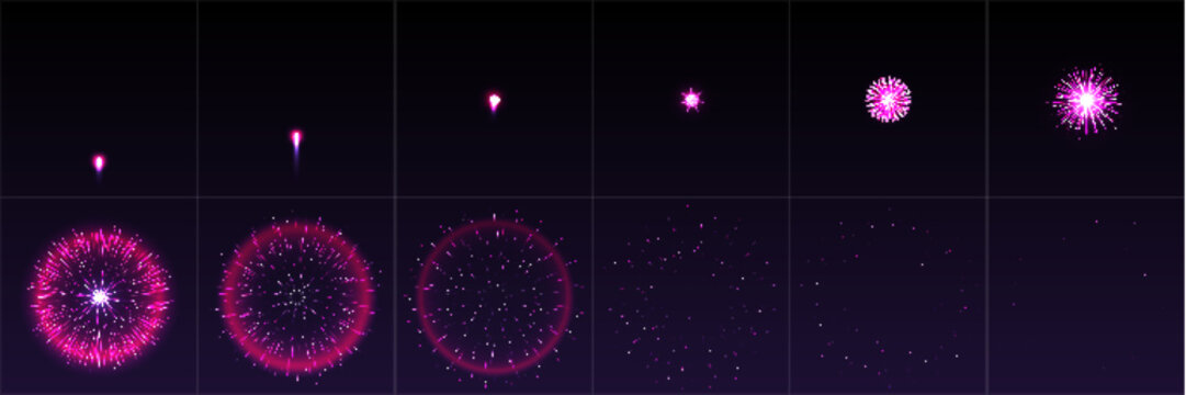 Pink firework effect animation frames set - exploding firecracker stages from small flares to full burst sparks, glowing particles. Vector illustration sequence for video game sprites, motion graphic.