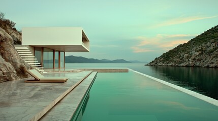 Fototapeta premium Modern Minimalist House with Infinity Pool Overlooking Calm Sea
