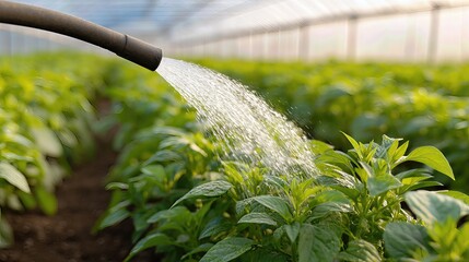 A stream of water from a hose nozzle nourishes healthy crops in a sunlit greenhouse, reflecting eco-friendly farming practices.
