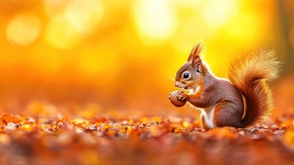 Obraz premium Adorable Red Squirrel Enjoying Autumn's Bounty