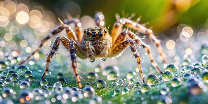 Tiny droplets of dew on a spider's legs, glistening in the morning sun, spider legs