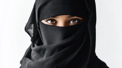 Naklejka premium a woman in a black hijab with only her eyes visible