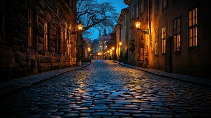 Obraz premium Cobblestone street at twilight