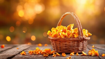 Naklejka premium Rustic basket filled with fresh golden chanterelle mushrooms on dark wood table, moody light