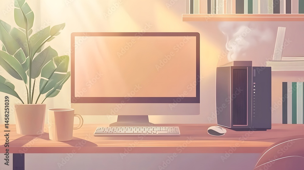 Poster home office scene with computer and diffuser.
