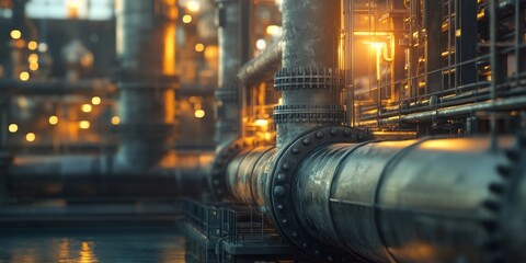 Industrial pipes illuminated by sunset in an oil plant  