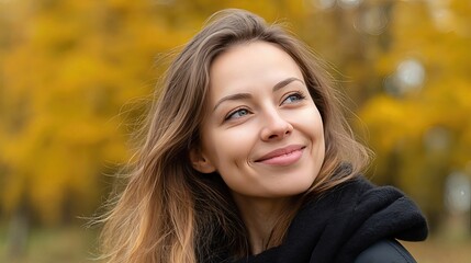 Happy woman with bright eyes and warm smile captured in golden autumn scenery, radiating positive energy.
