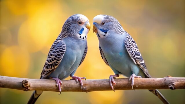 Two budgies perched on a branch, looking at each other with curiosity and affection, budgies, grey, budgies,grey,purple
