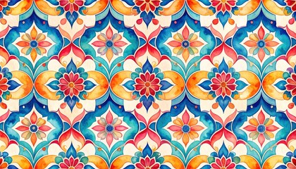 Vibrant Watercolor Floral Tile Pattern Seamless Design for Textile Print