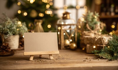 Christmas Card Mockup, Festive Season Blank Notecard on Wooden Table with Christmas Decorations
