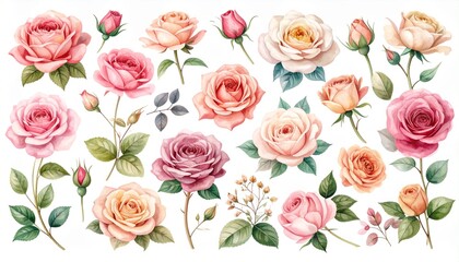 Watercolor Roses Collection Pastel Pink Peach Rosebuds Floral Design Elements