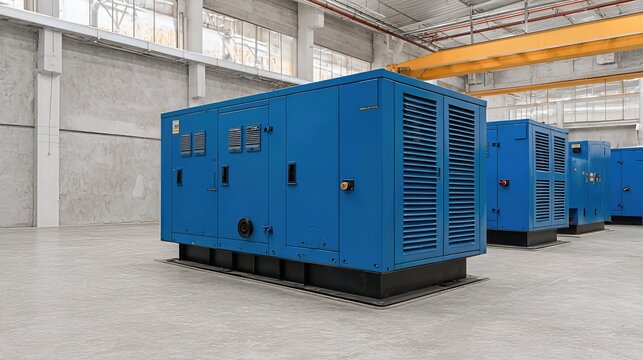 Industrial diesel generator in a dedicated room provides emergency backup power, ensuring uninterrupted energy supply during outages.
