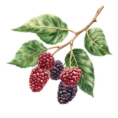 Branch of ripe mulberries with green leaves on a transparent background showcasing natures harvest, Branch of delicious Mulberry on whtie background