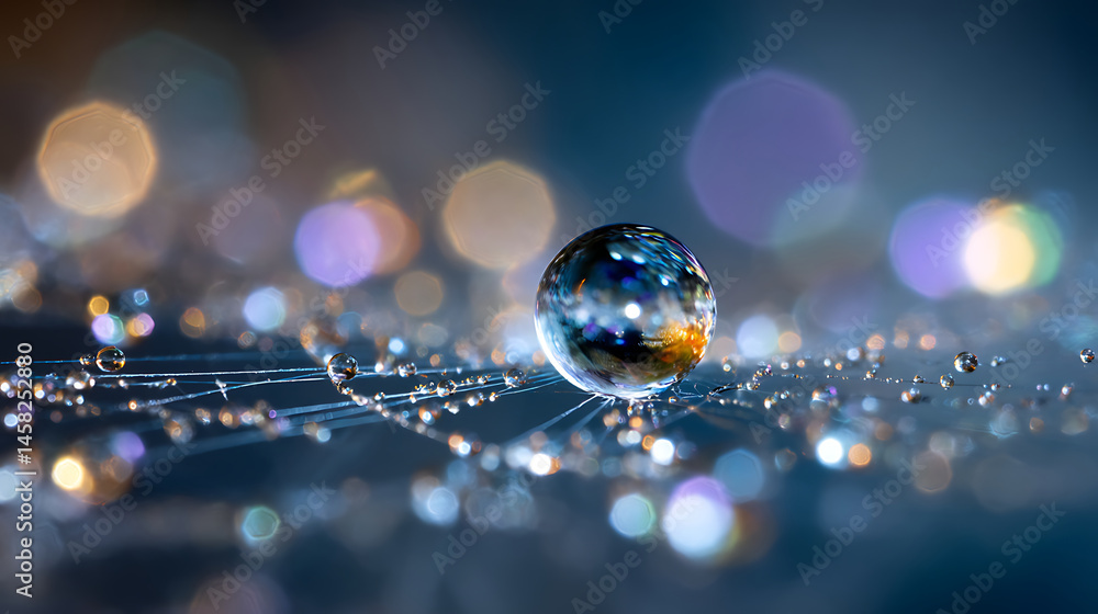 Poster a close-up image of a water droplet resting on a spider web, capturing delicate reflections and spar
