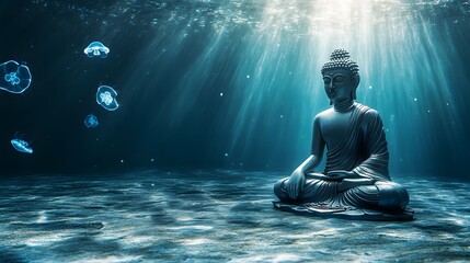 Buddha statue peacefully sitting in lotus position underwater with ethereal light shining down and jellyfish drifting around