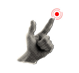 Halftone collage hand showing on target,success strategy concept
