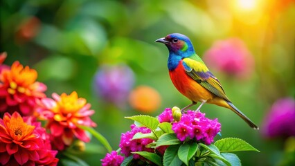 A vibrant bird perches on a blooming flower, surrounded by lush greenery and colorful foliage in a serene garden scene , garden