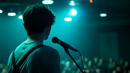 Musician immersed in performance under vibrant stage lights energizing the crowd