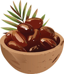  "A vector illustration of a wooden bowl filled with glossy, rich brown dates on transparent background."