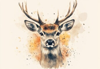 Watercolor Deer Portrait Brown Antlers, Orange Beige Background