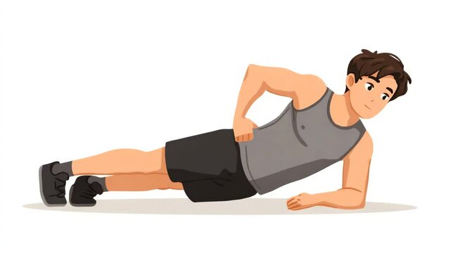 Man performing side plank exercise on white background. He wears a gray tank top and black shorts.  Simple, clean illustration style.
