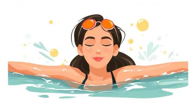 Serene woman with brown hair floats in teal water, orange sunglasses rest on her head, surrounded by stylized water splashes and yellow bubbles on a white background. Peaceful summer mood.