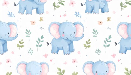 Adorable Baby Elephants Seamless Pattern Pastel Blue Pink Floral Nursery Design
