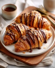 Close-up of a fresh croissant with chocolate in a bright, minimalistic still life setting. Styled with soft natural light, neutral tones, and elegant props for a clean and appetizing presentation.