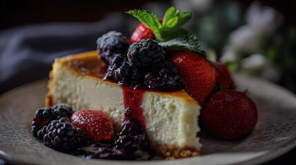 Classic new york style cheesecake with a golden insolence and mixed chuck berry compote