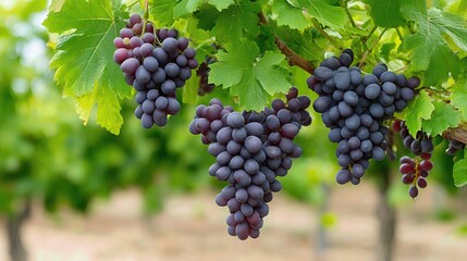 Clusters of ripe red grapes hang from the vine, surrounded by lush green leaves, signaling the peak of harvest season in a vineyard.
