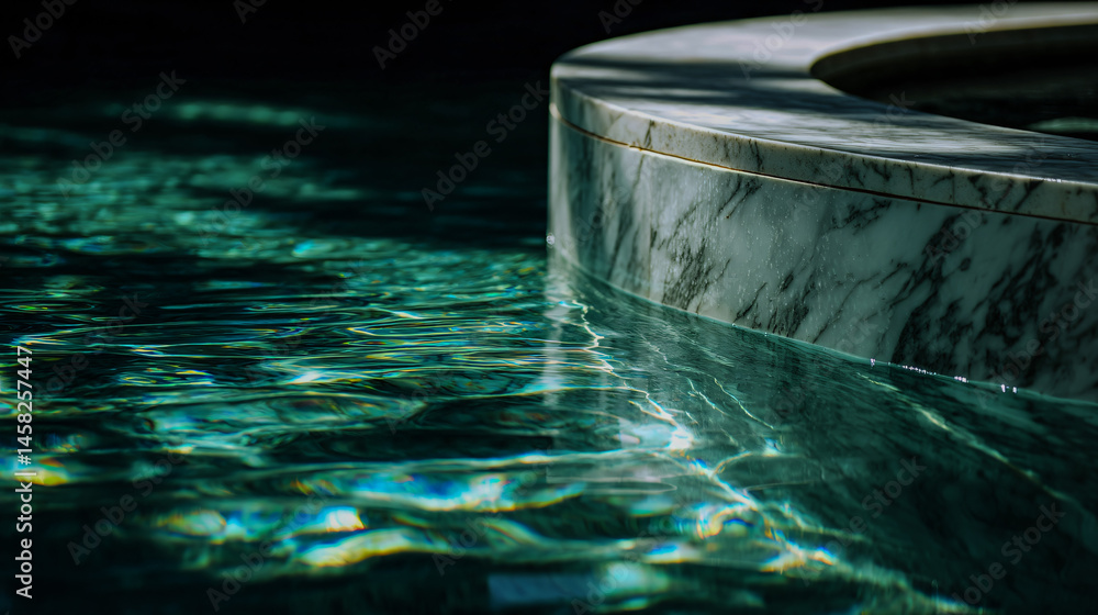 Poster clear pee surface with ripples in a round pool next to a marble edge.