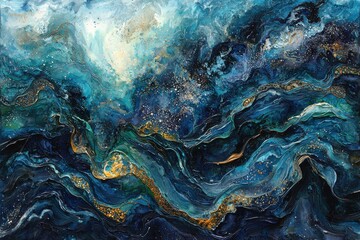 Fototapeta premium Abstract Waves of Blue and Gold in Swirling Ocean-Inspired Art