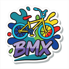 Bright cartoon BMX bike with splash paint and bold purple BMX text in graffiti style.