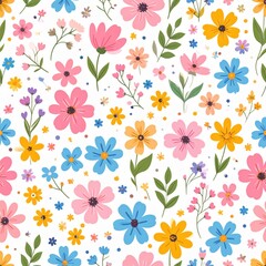 Lovely handdrawn colorful flowers in a seamless pattern, featuring a cute floral design tha 