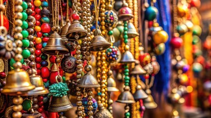 Fototapeta premium Colorful Display of Bells, Beads, Charms on Market Stall in India