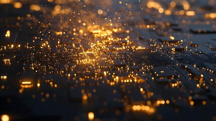 Obraz premium Sparkling golden particles on a dark surface.