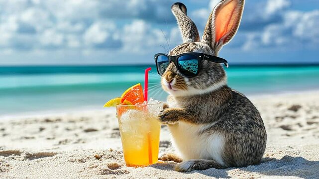 Relaxing beachside easter bunny with sunglasses and a tropical drink vacation vibes