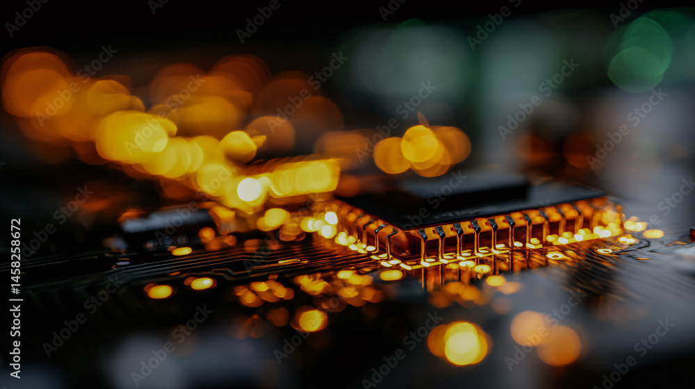 Aufkleber close up of a circuit board with glowing component represent the future of technology